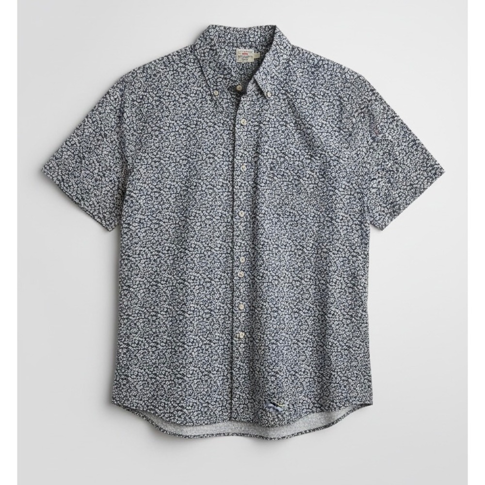 Faherty Brand Mens Navy Blue White Floral Short Sleeve Button Down Shirt L